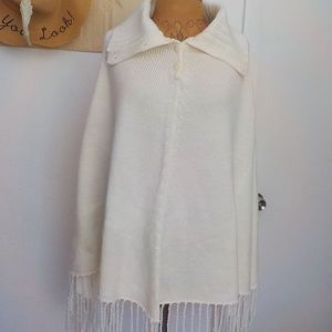 Off White Collared Fringed Poncho